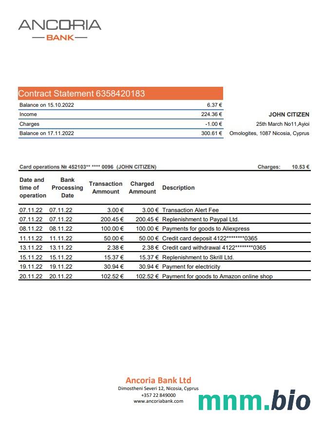Szablon wyciągu bankowego Cyprus Alpha w programie Word i PDF
